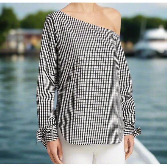 Theory One Shoulder Cotton-Silk Shirt Womens XS-P Blue Gingham Lightweight Top - Picture 1 of 5